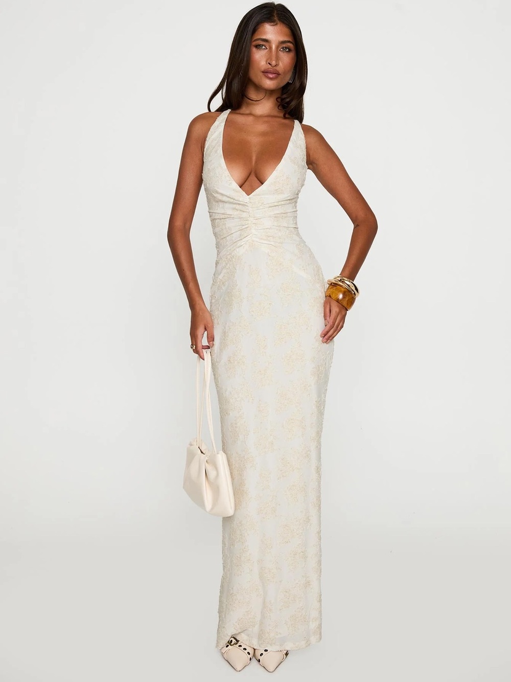 Princess Polly Elegant Ivory Plunge Halter Maxi Dress